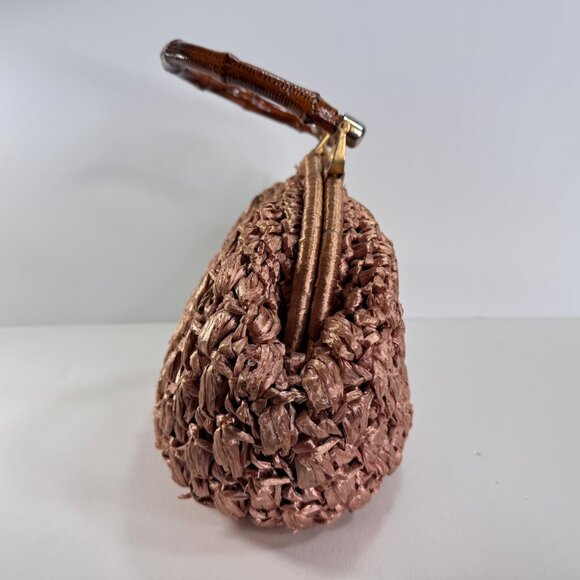 Vintage Pink Raffia Woven Handbag w/ Bamboo Handle Made in Italy - Picture 3 of 14